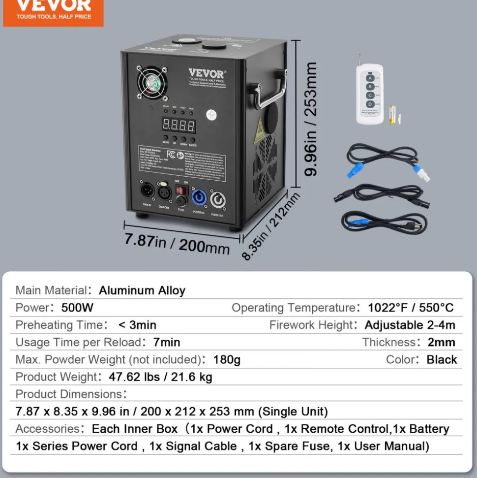VEVOR Cold Spark Machine, 4 Pack 500W Output Fireworks Controllers, 6.6-13ft Adjustable Height, with Advanced DMX System,LED Screen,Portable Handle, Aluminum Alloy for Stage DJ Wedding Event,Party