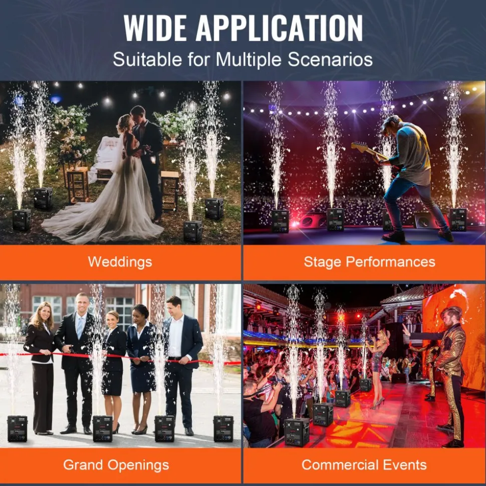 VEVOR Cold Spark Machine, 4 Pack 500W Output Fireworks Controllers, 6.6-13ft Adjustable Height, with Advanced DMX System,LED Screen,Portable Handle, Aluminum Alloy for Stage DJ Wedding Event,Party