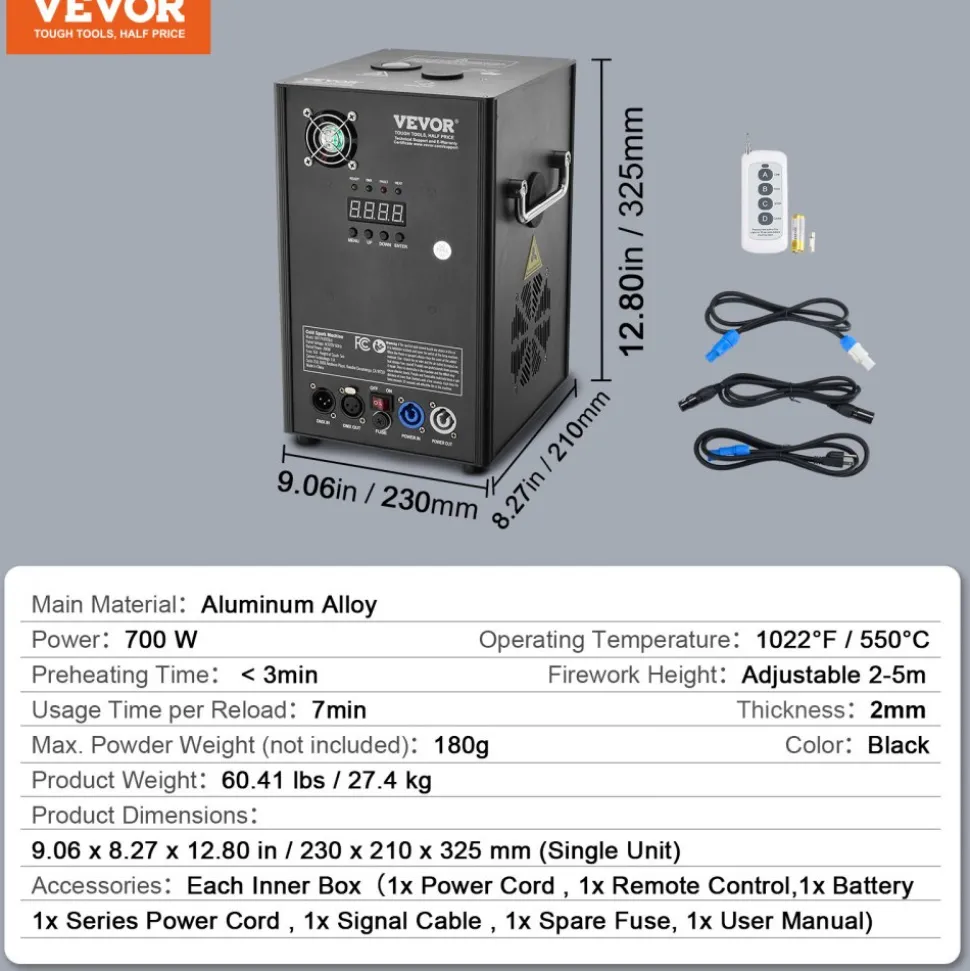 VEVOR Cold Spark Machine, 4 Pack 700W Output Fireworks Controllers, 6.6-16.4ft Adjustable Height, with Advanced DMX System,LED Screen,Portable Handle, Aluminum Alloy for Stage DJ Wedding Event,Party