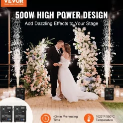 VEVOR Cold Spark Machine, 2 Pack 500W Output Fireworks Controllers, 6.6-13ft Adjustable Height, with Advanced DMX System,LED Screen,Portable Handle, Aluminum Alloy for Stage DJ Wedding Event,Party