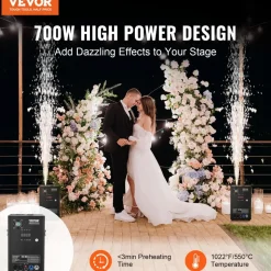 VEVOR Cold Spark Machine, 700W Output Fireworks Controller, 6.6-16.4ft Adjustable Height, with Advanced DMX System,LED Screen,Portable Handle,HeavyDuty Aluminum Alloy for Stage DJ Wedding Event,Party