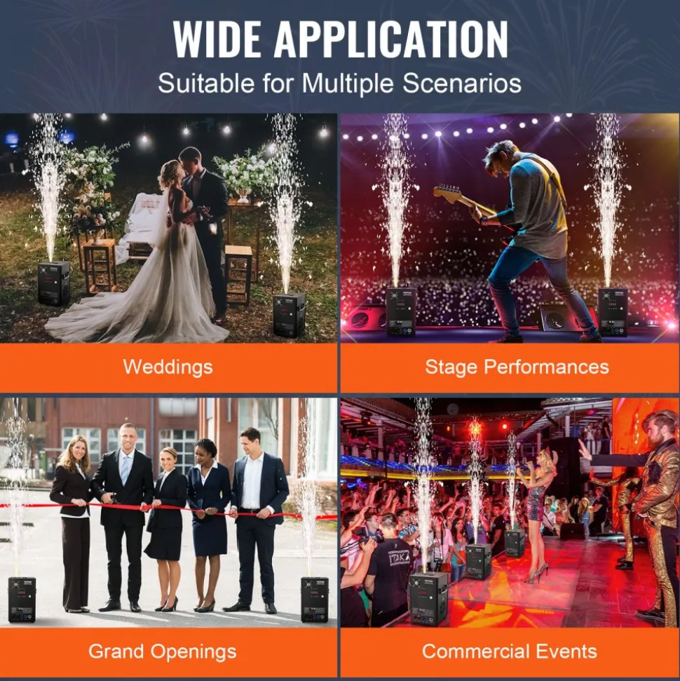 VEVOR Cold Spark Machine, 700W Output Fireworks Controller, 6.6-16.4ft Adjustable Height, with Advanced DMX System,LED Screen,Portable Handle,HeavyDuty Aluminum Alloy for Stage DJ Wedding Event,Party