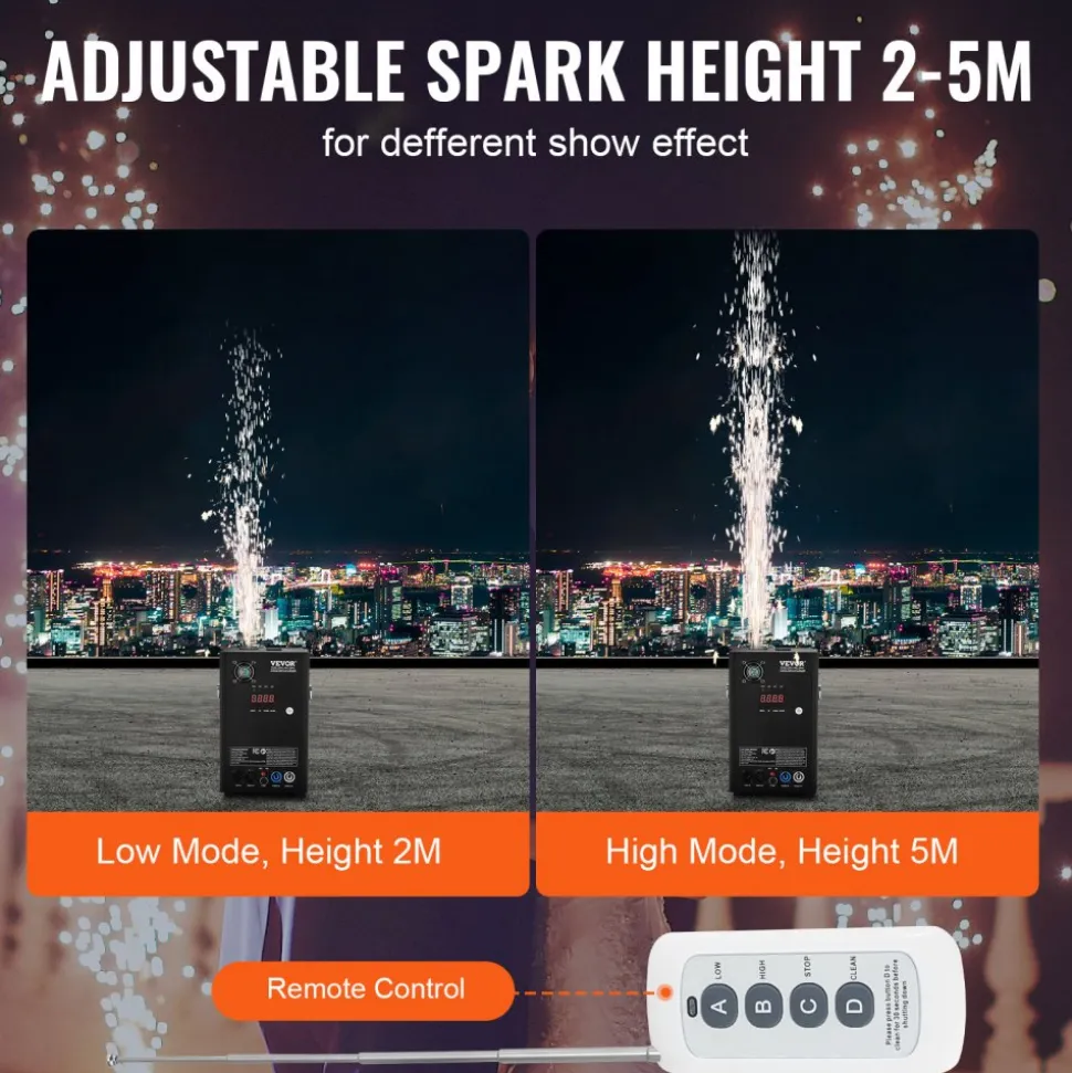 VEVOR Cold Spark Machine, 700W Output Fireworks Controller, 6.6-16.4ft Adjustable Height, with Advanced DMX System,LED Screen,Portable Handle,HeavyDuty Aluminum Alloy for Stage DJ Wedding Event,Party