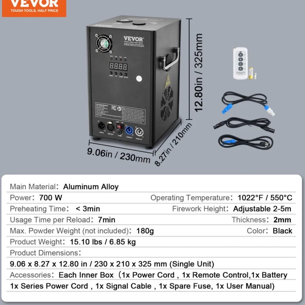 VEVOR Cold Spark Machine, 700W Output Fireworks Controller, 6.6-16.4ft Adjustable Height, with Advanced DMX System,LED Screen,Portable Handle,HeavyDuty Aluminum Alloy for Stage DJ Wedding Event,Party