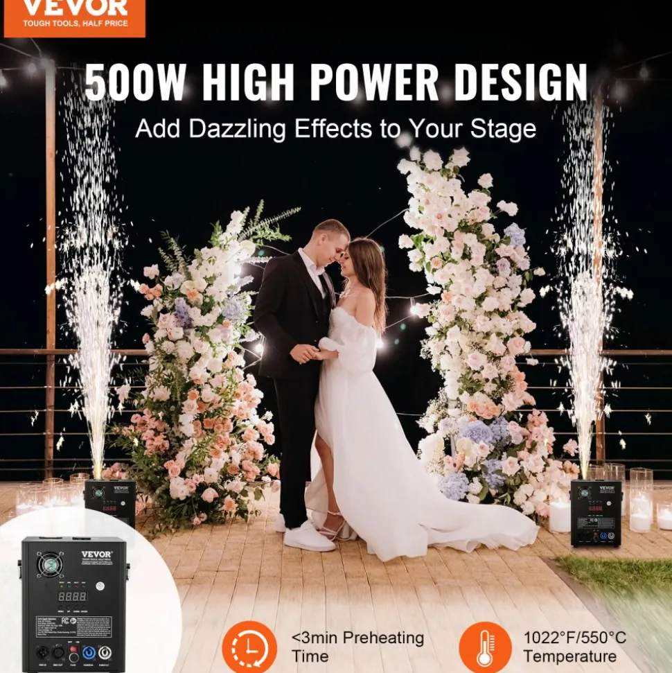 VEVOR Cold Spark Machine, 500W Output Fireworks Controller, 6.6-13ft Adjustable Height, with Advanced DMX System,LED Screen,Portable Handle, HeavyDuty Aluminum Alloy for Stage DJ Wedding Event,Party