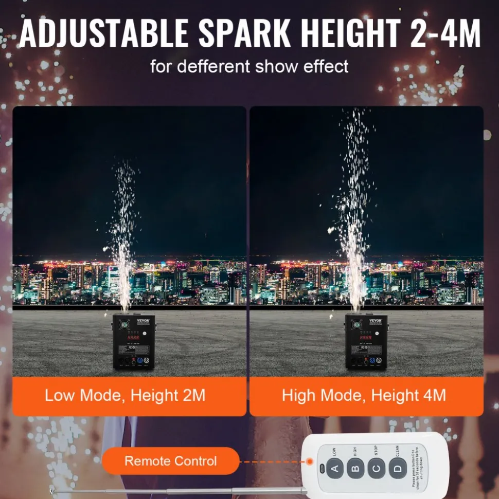 VEVOR Cold Spark Machine, 500W Output Fireworks Controller, 6.6-13ft Adjustable Height, with Advanced DMX System,LED Screen,Portable Handle, HeavyDuty Aluminum Alloy for Stage DJ Wedding Event,Party