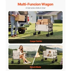 VEVOR Collapsible Folding Wagon, 550lb Load & 220L, 2 in 1 Foldable Wagon Cart Converts to Bench, Utility Wagon with Adjustable Handle, Outdoor Cart for Groceries Shopping, Camping, Gardening