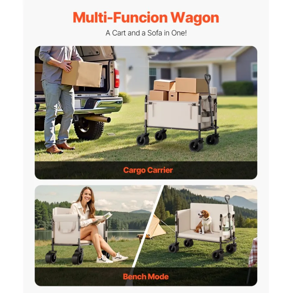 VEVOR Collapsible Folding Wagon, 550lb Load & 220L, 2 in 1 Foldable Wagon Cart Converts to Bench, Utility Wagon with Adjustable Handle, Outdoor Cart for Groceries Shopping, Camping, Gardening
