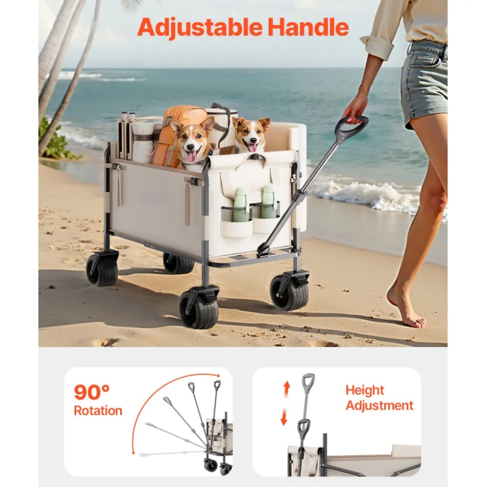 VEVOR Collapsible Folding Wagon, 550lb Load & 220L, 2 in 1 Foldable Wagon Cart Converts to Bench, Utility Wagon with Adjustable Handle, Outdoor Cart for Groceries Shopping, Camping, Gardening
