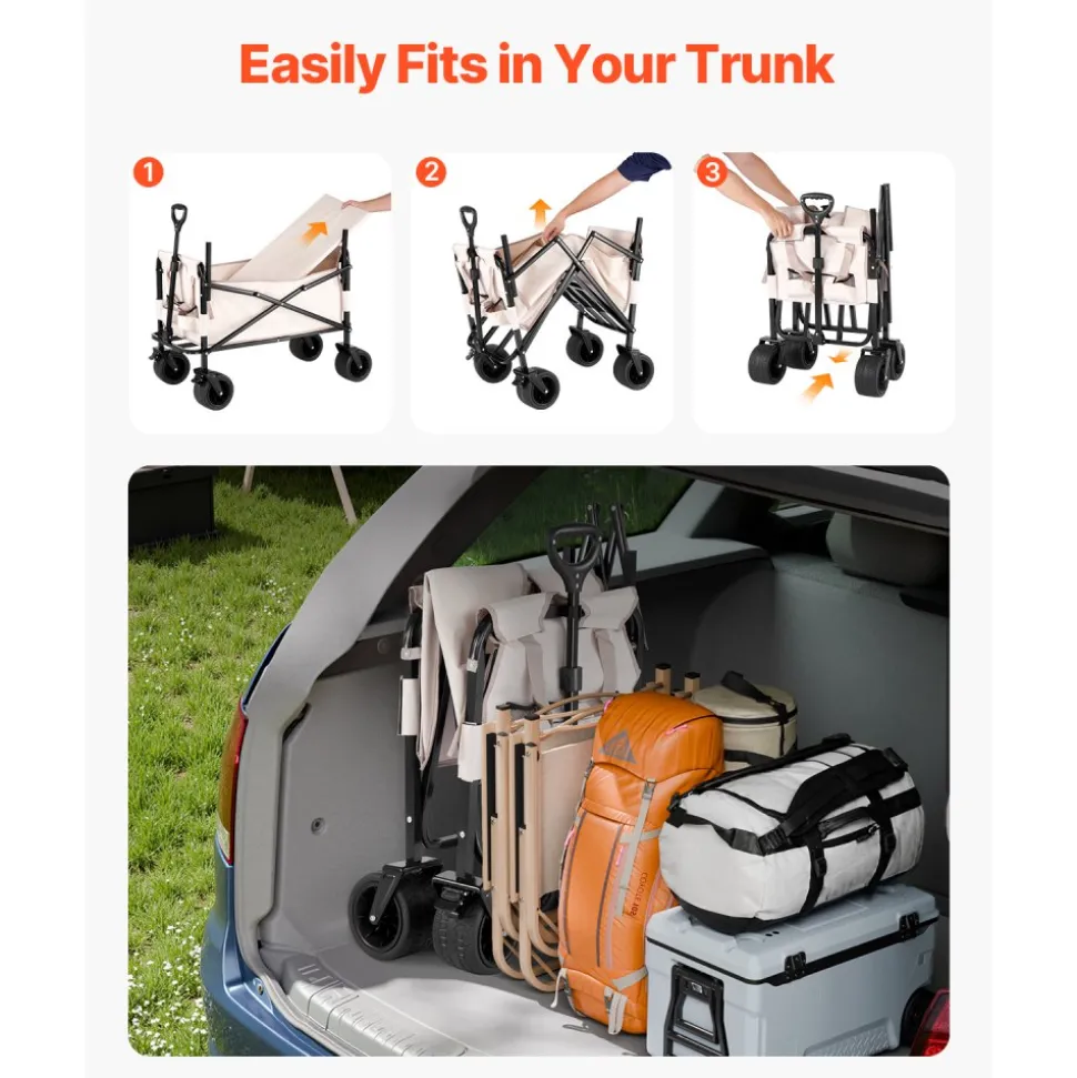 VEVOR Collapsible Folding Wagon, 550lb Load & 220L, 2 in 1 Foldable Wagon Cart Converts to Bench, Utility Wagon with Adjustable Handle, Outdoor Cart for Groceries Shopping, Camping, Gardening
