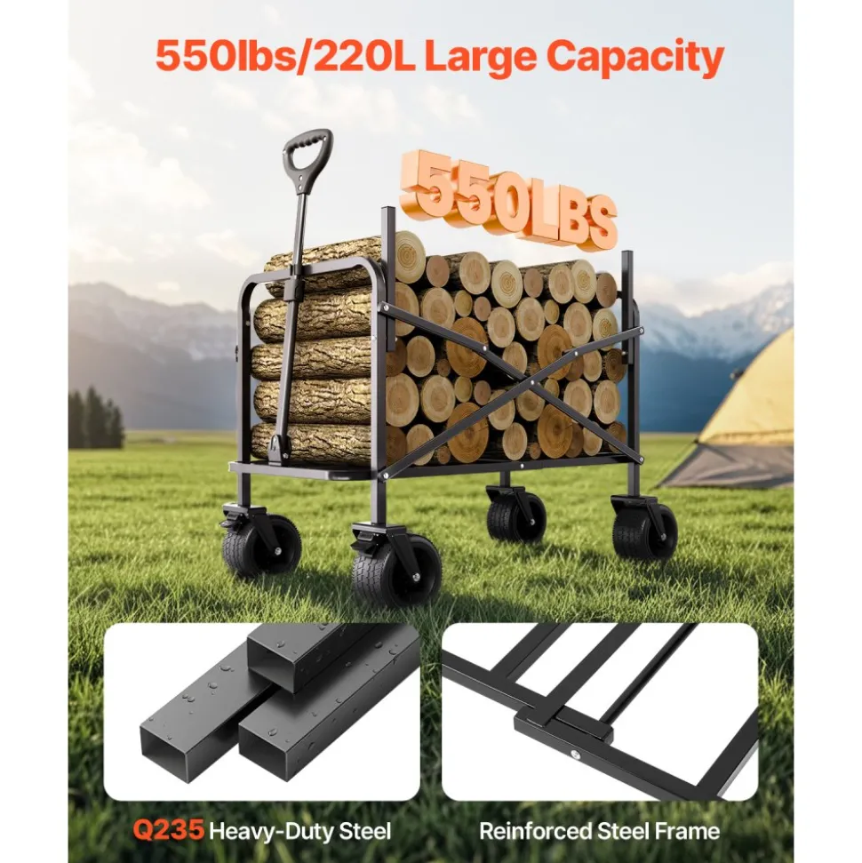 VEVOR Collapsible Folding Wagon, 550lb Load & 220L, 2 in 1 Foldable Wagon Cart Converts to Bench, Utility Wagon with Adjustable Handle, Outdoor Cart for Groceries Shopping, Camping, Gardening