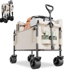 VEVOR Collapsible Folding Wagon, 550lb Load & 220L, 2 in 1 Foldable Wagon Cart Converts to Bench, Utility Wagon with Adjustable Handle, Outdoor Cart for Groceries Shopping, Camping, Gardening