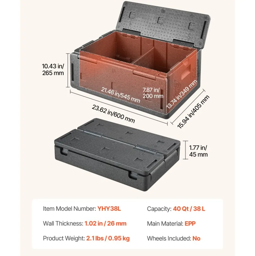 VEVOR Collapsible Insulated Food Warmer, 40 Qt Non-Electrical Thermal Carrier, Lightweight and High-rigidity EPP Hot Box, for Delivery, Transport, Catering BBQ Event, Keeps Warm/Cold 4 Hours (Gray)