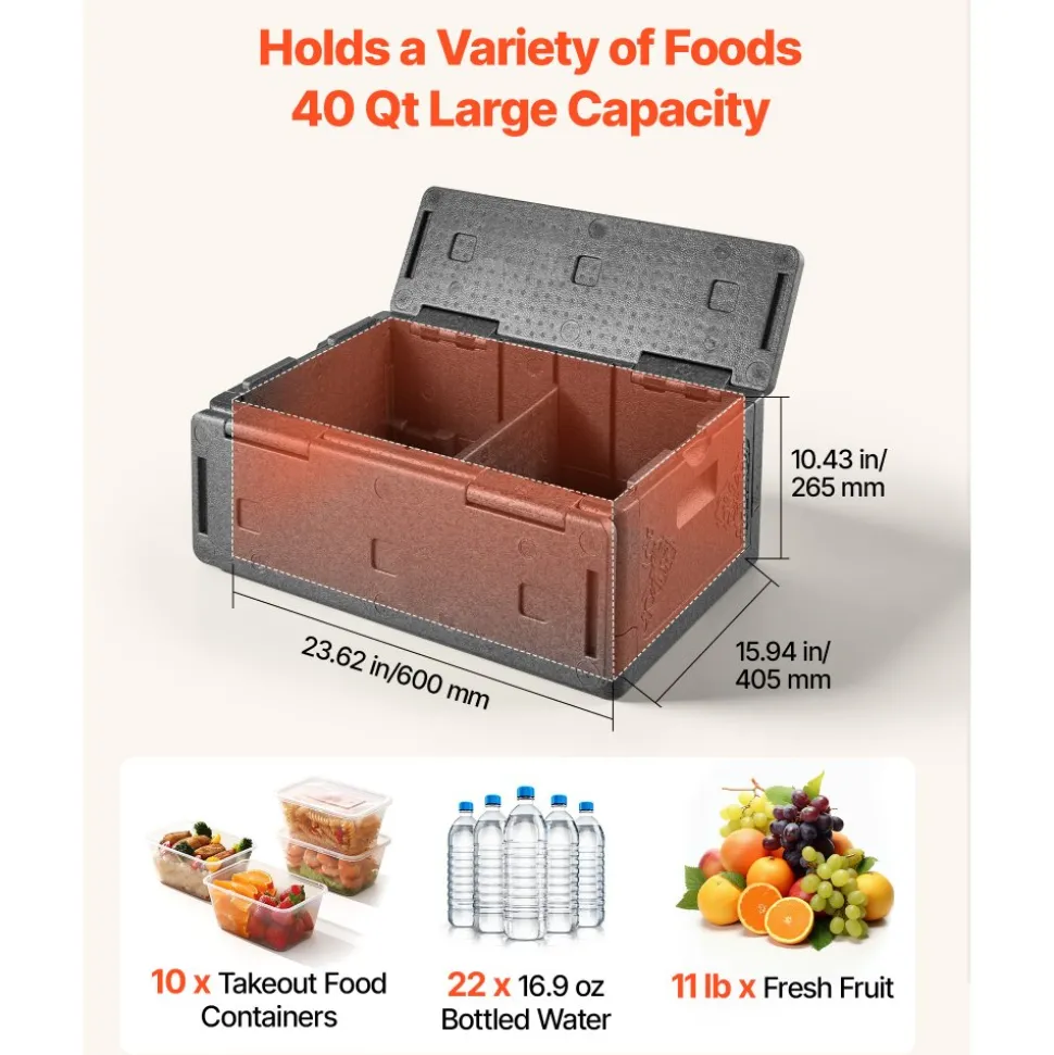 VEVOR Collapsible Insulated Food Warmer, 40 Qt Non-Electrical Thermal Carrier, Lightweight and High-rigidity EPP Hot Box, for Delivery, Transport, Catering BBQ Event, Keeps Warm/Cold 4 Hours (Gray)