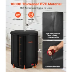 VEVOR Collapsible Rain Barrel, 53 Gallon Portable Rain Water Collection Barrel, 1000D PVC Rainwater Collection System, Garden Water Catcher Tank Storage Container with Spigot & Overflow Kit, Black