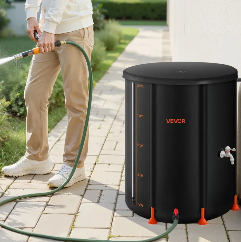 VEVOR Collapsible Rain Barrel, 53 Gallon Portable Rain Water Collection Barrel, 1000D PVC Rainwater Collection System, Garden Water Catcher Tank Storage Container with Spigot & Overflow Kit, Black