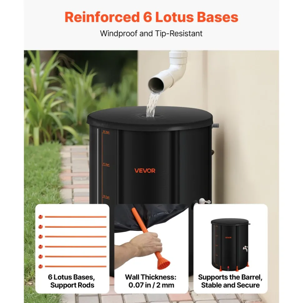VEVOR Collapsible Rain Barrel, 53 Gallon Portable Rain Water Collection Barrel, 1000D PVC Rainwater Collection System, Garden Water Catcher Tank Storage Container with Spigot & Overflow Kit, Black