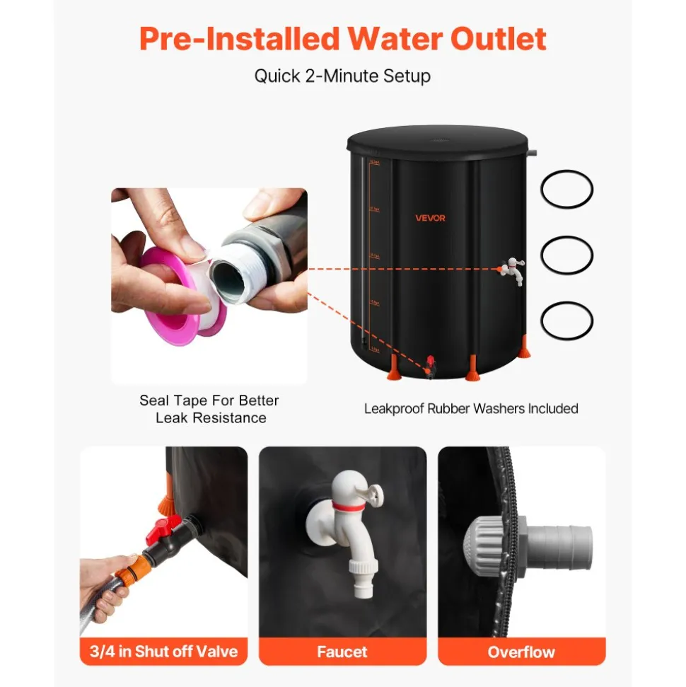 VEVOR Collapsible Rain Barrel, 53 Gallon Portable Rain Water Collection Barrel, 1000D PVC Rainwater Collection System, Garden Water Catcher Tank Storage Container with Spigot & Overflow Kit, Black