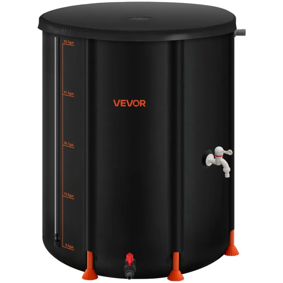 VEVOR Collapsible Rain Barrel, 53 Gallon Portable Rain Water Collection Barrel, 1000D PVC Rainwater Collection System, Garden Water Catcher Tank Storage Container with Spigot & Overflow Kit, Black