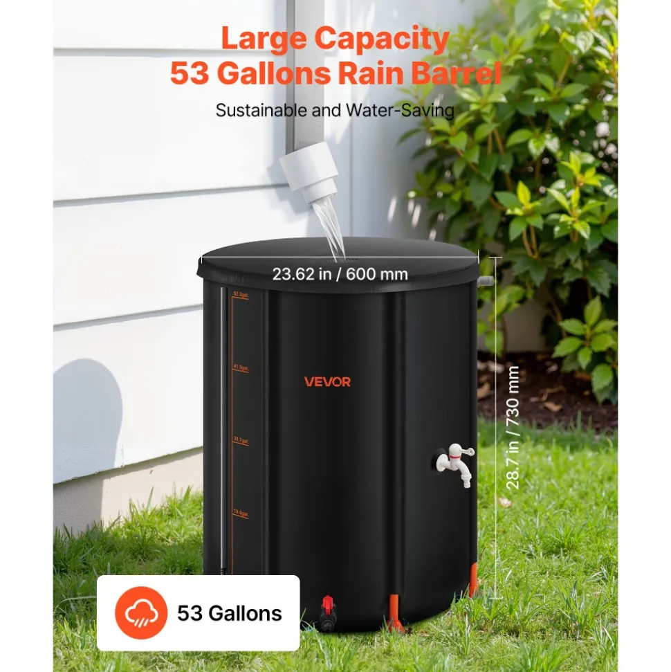 VEVOR Collapsible Rain Barrel, 53 Gallon Portable Rain Water Collection Barrel, 1000D PVC Rainwater Collection System, Garden Water Catcher Tank Storage Container with Spigot & Overflow Kit, Black