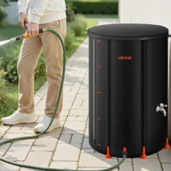 VEVOR Collapsible Rain Barrel, 100 Gallon Portable Rain Water Collection Barrel, 1000D PVC Rainwater Collection System, Garden Water Catcher Tank Storage Container with Spigot & Overflow Kit, Black