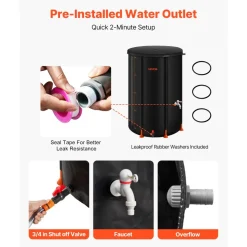 VEVOR Collapsible Rain Barrel, 100 Gallon Portable Rain Water Collection Barrel, 1000D PVC Rainwater Collection System, Garden Water Catcher Tank Storage Container with Spigot & Overflow Kit, Black