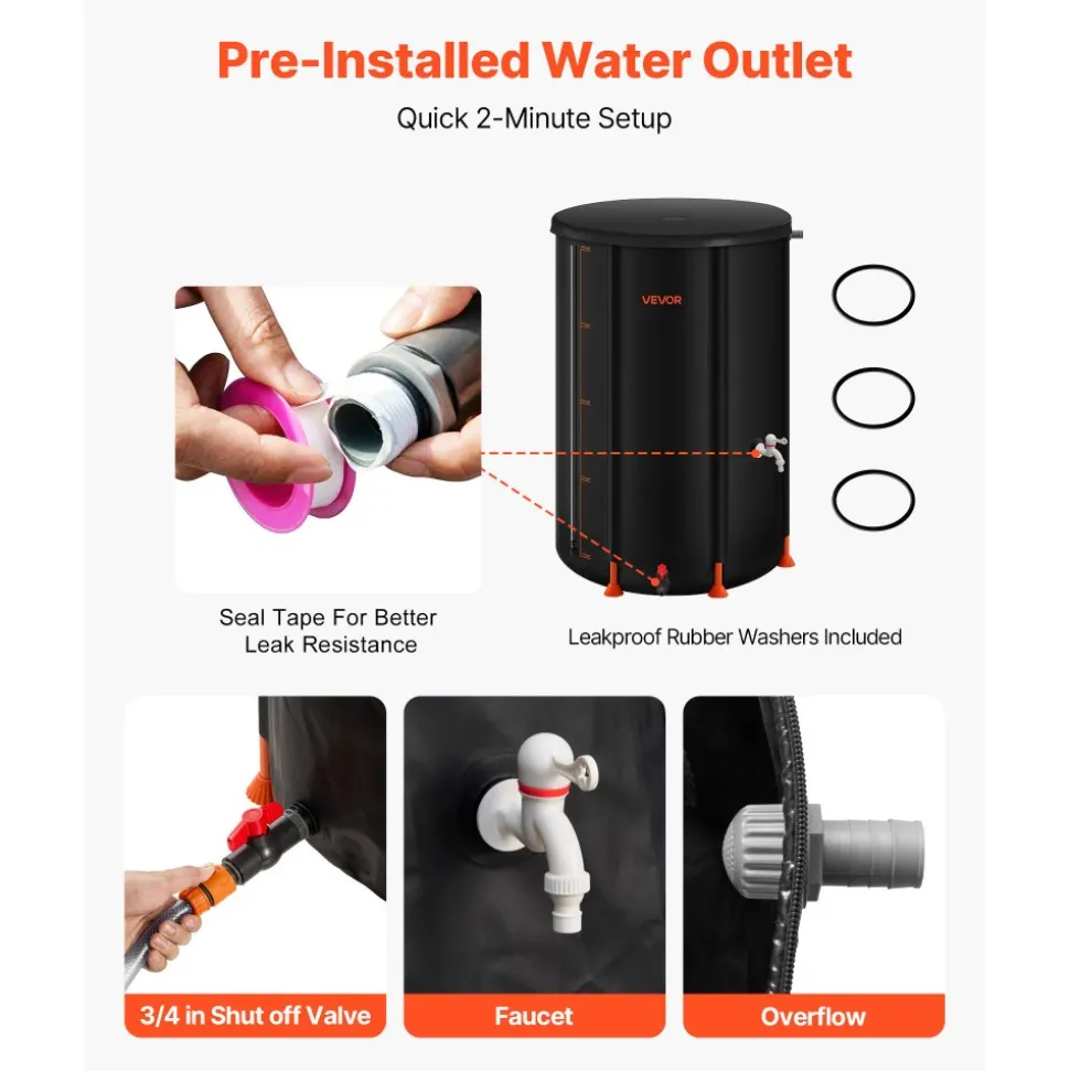 VEVOR Collapsible Rain Barrel, 66 Gallon Portable Rain Water Collection Barrel, 500D PVC Rainwater Collection System, Garden Water Catcher Tank Storage Container with Spigot & Overflow Kit, Black