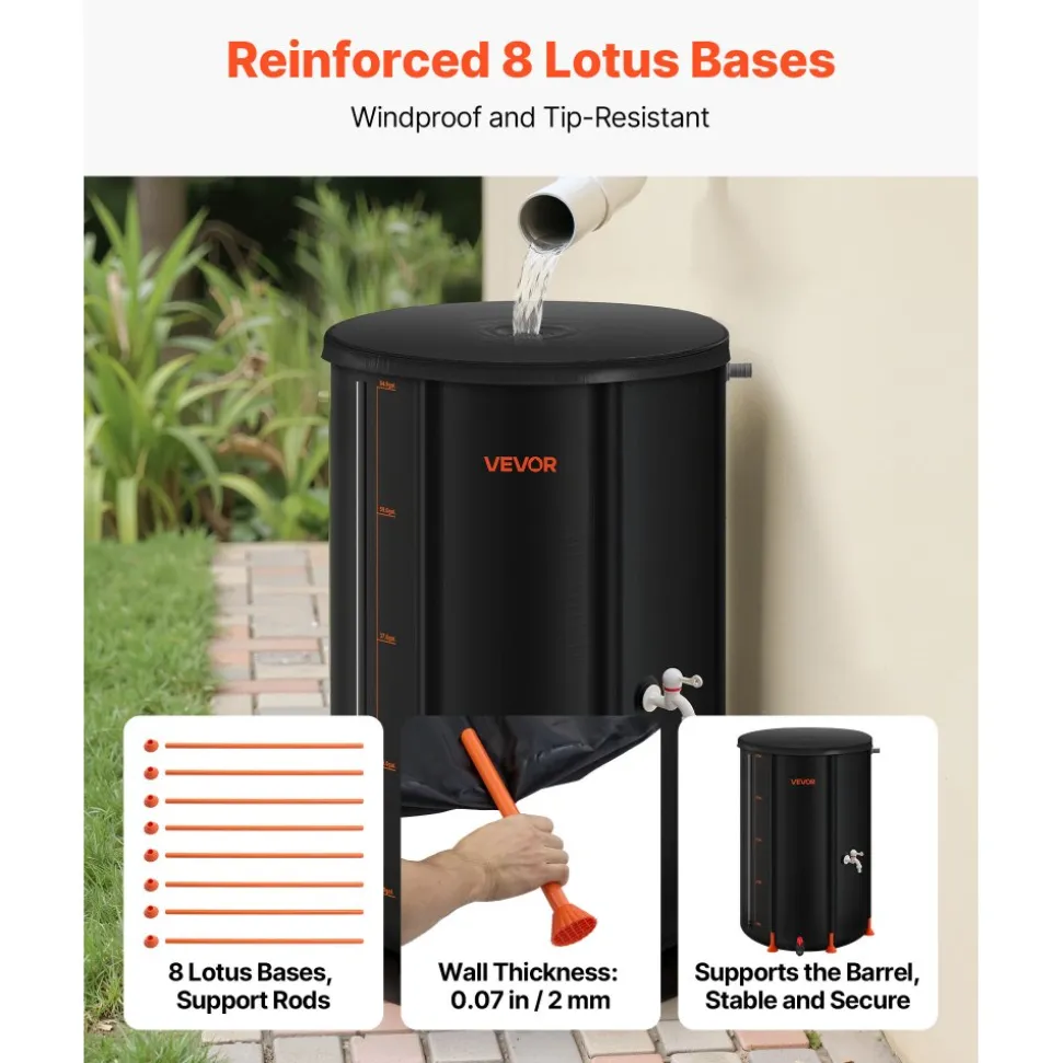 VEVOR Collapsible Rain Barrel, 66 Gallon Portable Rain Water Collection Barrel, 500D PVC Rainwater Collection System, Garden Water Catcher Tank Storage Container with Spigot & Overflow Kit, Black