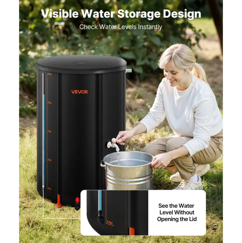 VEVOR Collapsible Rain Barrel, 66 Gallon Portable Rain Water Collection Barrel, 500D PVC Rainwater Collection System, Garden Water Catcher Tank Storage Container with Spigot & Overflow Kit, Black