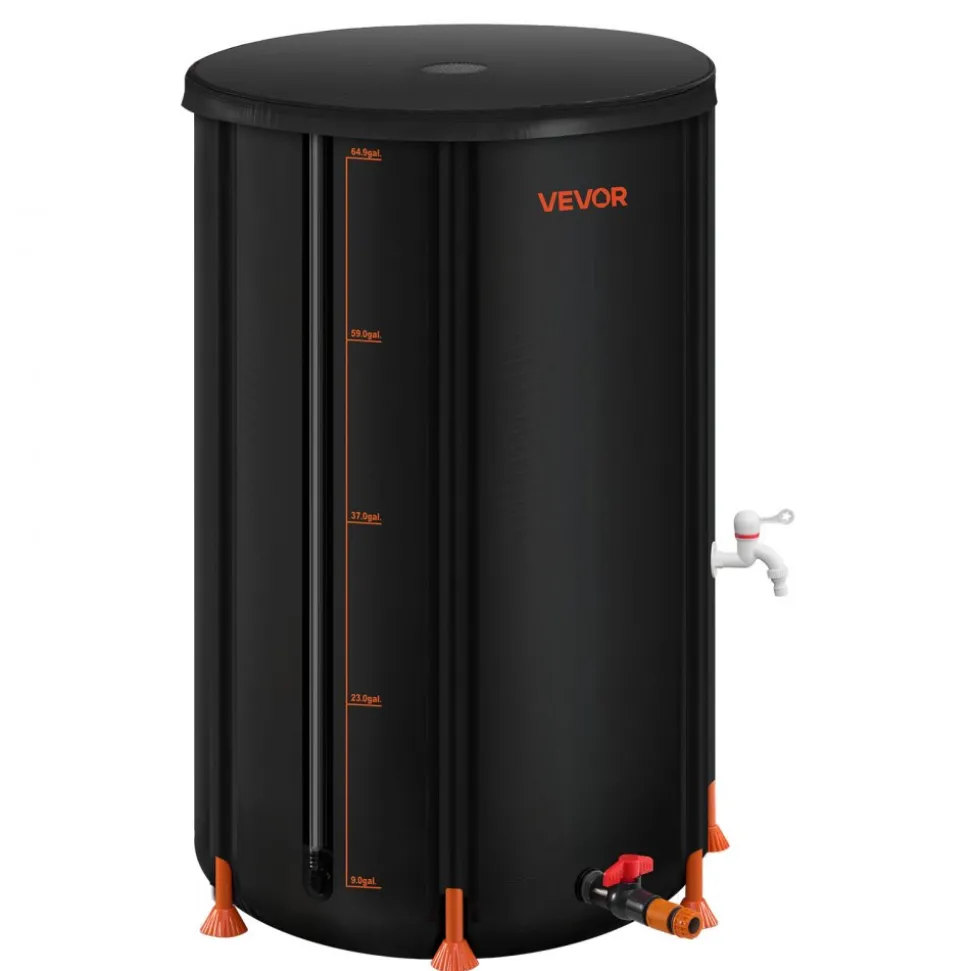 VEVOR Collapsible Rain Barrel, 66 Gallon Portable Rain Water Collection Barrel, 500D PVC Rainwater Collection System, Garden Water Catcher Tank Storage Container with Spigot & Overflow Kit, Black