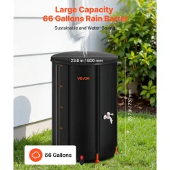 VEVOR Collapsible Rain Barrel, 66 Gallon Portable Rain Water Collection Barrel, 500D PVC Rainwater Collection System, Garden Water Catcher Tank Storage Container with Spigot & Overflow Kit, Black