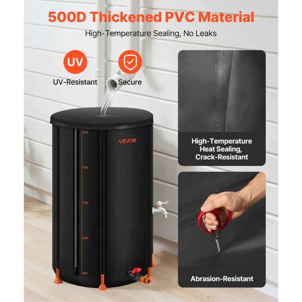 VEVOR Collapsible Rain Barrel, 66 Gallon Portable Rain Water Collection Barrel, 500D PVC Rainwater Collection System, Garden Water Catcher Tank Storage Container with Spigot & Overflow Kit, Black