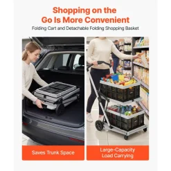 VEVOR Collapsible Shopping Cart with Wheels Foldable for Grocery Black Gray, 200lbs Capacity Rolling Utility Cart, Storage Crate & Foot Brake, Portable Folding for Groceries, Warehouse, Supermarket