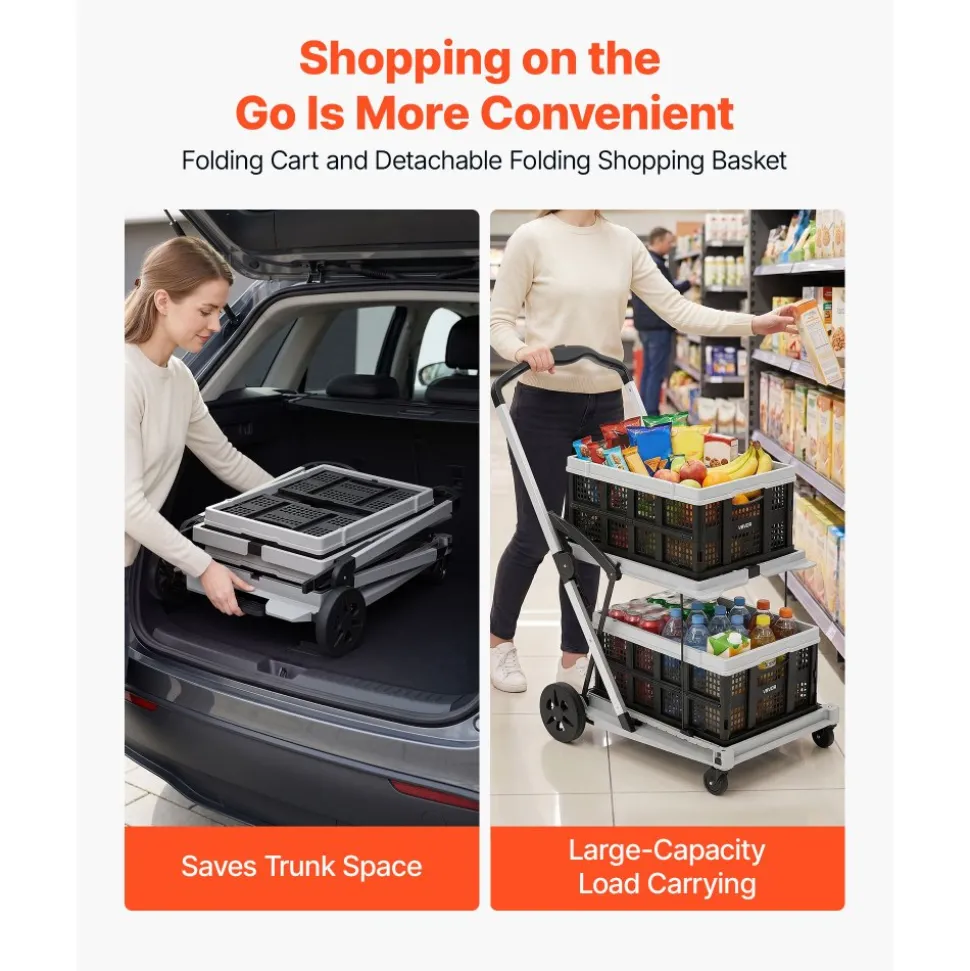 VEVOR Collapsible Shopping Cart with Wheels Foldable for Grocery Black Gray, 200lbs Capacity Rolling Utility Cart, Storage Crate & Foot Brake, Portable Folding for Groceries, Warehouse, Supermarket