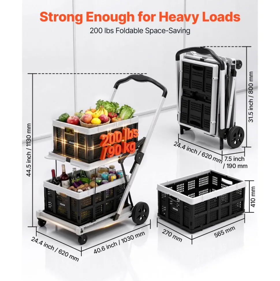 VEVOR Collapsible Shopping Cart with Wheels Foldable for Grocery Black Gray, 200lbs Capacity Rolling Utility Cart, Storage Crate & Foot Brake, Portable Folding for Groceries, Warehouse, Supermarket