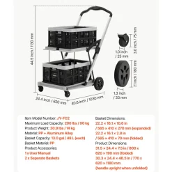 VEVOR Collapsible Shopping Cart with Wheels Foldable for Grocery Black Gray, 200lbs Capacity Rolling Utility Cart, Storage Crate & Foot Brake, Portable Folding for Groceries, Warehouse, Supermarket