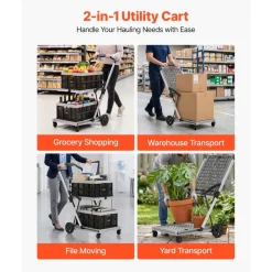 VEVOR Collapsible Shopping Cart with Wheels Foldable for Grocery Black Gray, 200lbs Capacity Rolling Utility Cart, Storage Crate & Foot Brake, Portable Folding for Groceries, Warehouse, Supermarket