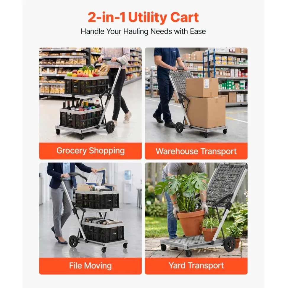 VEVOR Collapsible Shopping Cart with Wheels Foldable for Grocery Black Gray, 200lbs Capacity Rolling Utility Cart, Storage Crate & Foot Brake, Portable Folding for Groceries, Warehouse, Supermarket