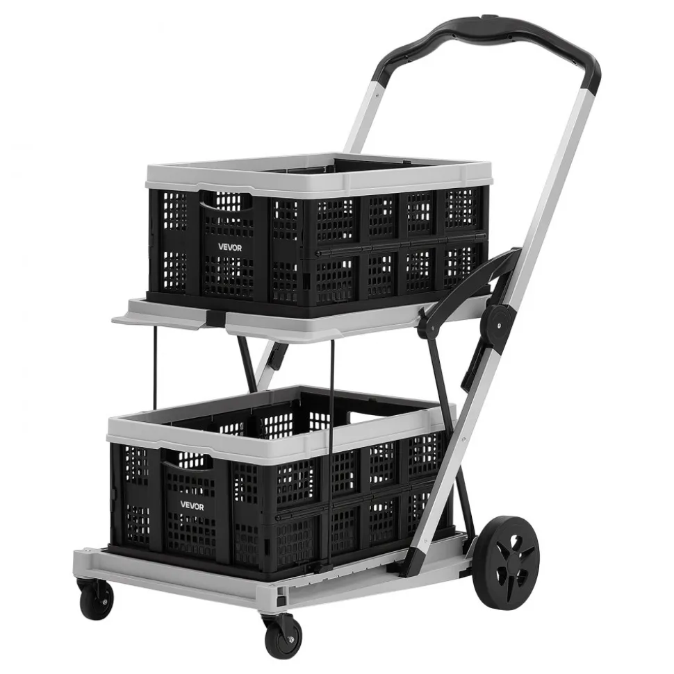 VEVOR Collapsible Shopping Cart with Wheels Foldable for Grocery Black Gray, 200lbs Capacity Rolling Utility Cart, Storage Crate & Foot Brake, Portable Folding for Groceries, Warehouse, Supermarket