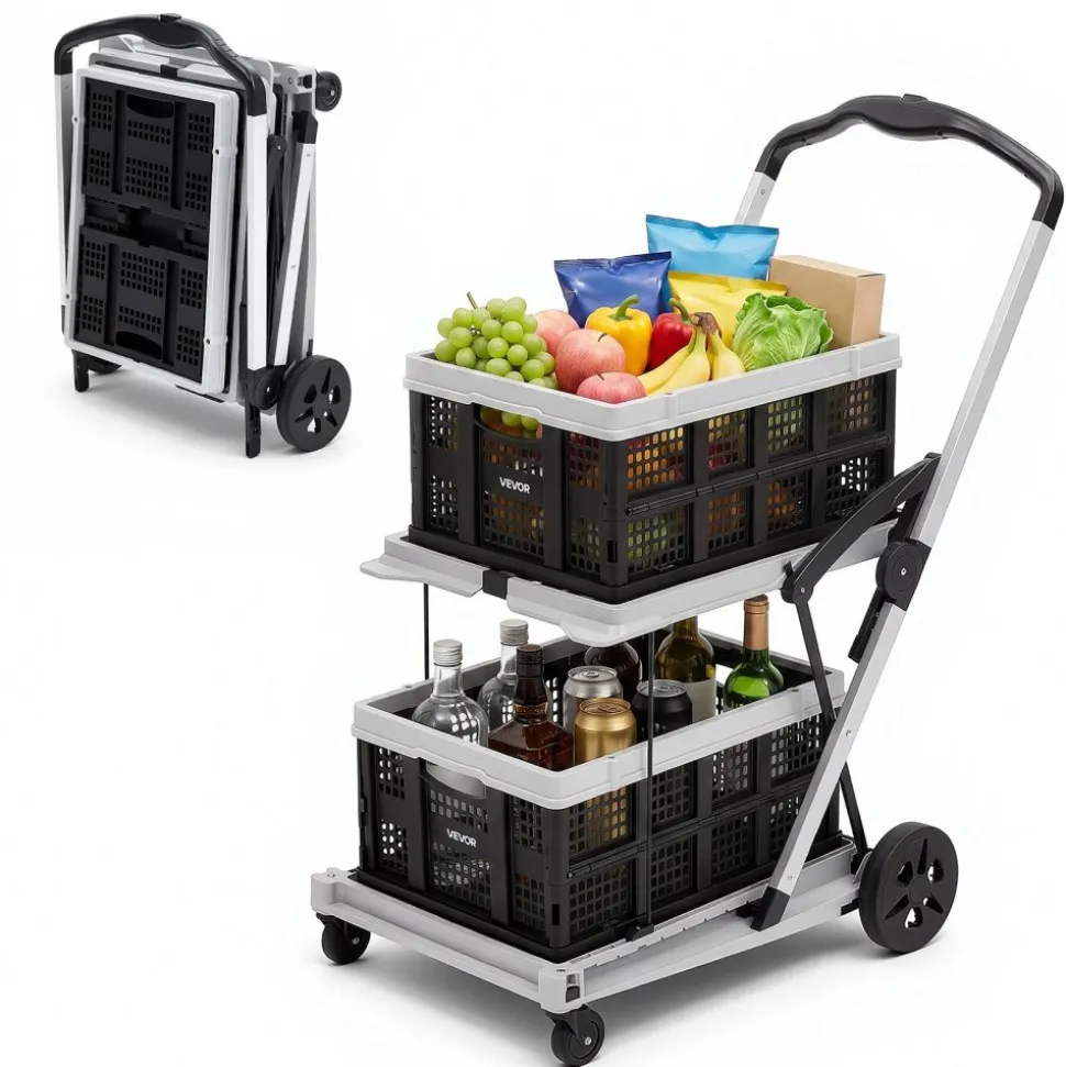 VEVOR Collapsible Shopping Cart with Wheels Foldable for Grocery Black Gray, 200lbs Capacity Rolling Utility Cart, Storage Crate & Foot Brake, Portable Folding for Groceries, Warehouse, Supermarket