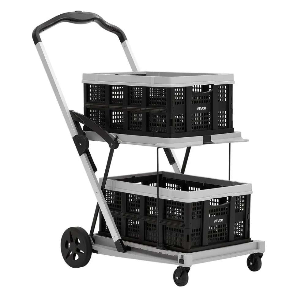 VEVOR Collapsible Shopping Cart with Wheels Foldable for Grocery Black Gray, 200lbs Capacity Rolling Utility Cart, Storage Crate & Foot Brake, Portable Folding for Groceries, Warehouse, Supermarket