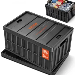 VEVOR Collapsible Storage Bins with Lids, 65L 3 Packs, Folding Plastic Stackable Utility Crates with Handles, Large Heavy Duty Containers for Clothes, Toys, Books, Snack, Shoes, and Grocery Organizing