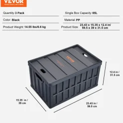 VEVOR Collapsible Storage Bins with Lids, 65L 3 Packs, Folding Plastic Stackable Utility Crates with Handles, Large Heavy Duty Containers for Clothes, Toys, Books, Snack, Shoes, and Grocery Organizing