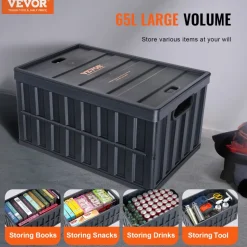 VEVOR Collapsible Storage Bins with Lids, 65L 3 Packs, Folding Plastic Stackable Utility Crates with Handles, Large Heavy Duty Containers for Clothes, Toys, Books, Snack, Shoes, and Grocery Organizing
