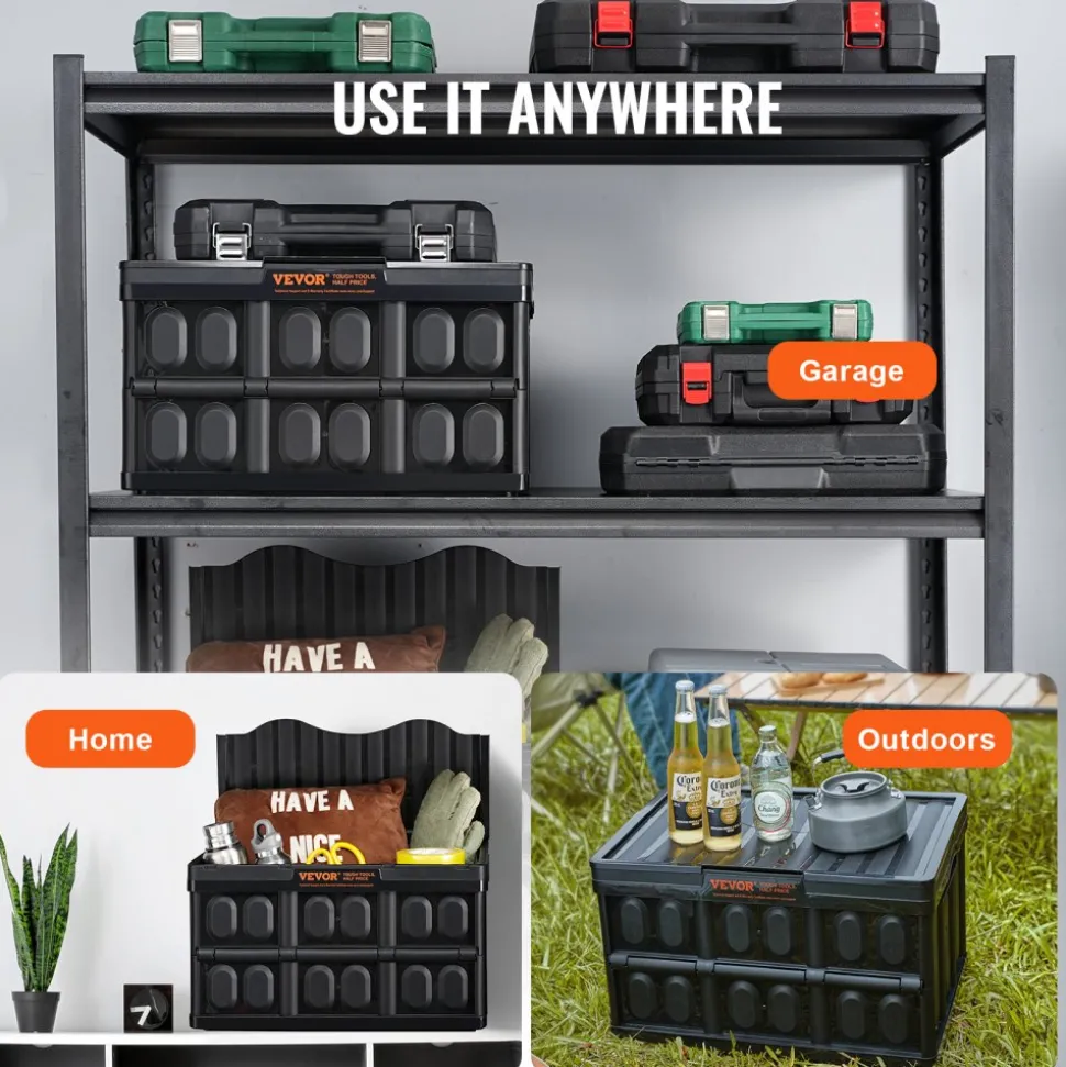 VEVOR Collapsible Storage Bins with Lids, 45L 3 Packs, Folding Plastic Stackable Utility Crates with Handles, Large Heavy Duty Containers for Clothes, Toys, Books, Snack, Shoes, and Grocery Organizing