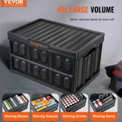 VEVOR Collapsible Storage Bins with Lids, 45L 3 Packs, Folding Plastic Stackable Utility Crates with Handles, Large Heavy Duty Containers for Clothes, Toys, Books, Snack, Shoes, and Grocery Organizing