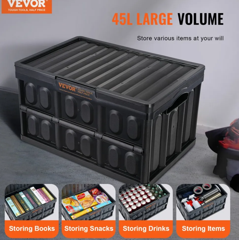 VEVOR Collapsible Storage Bins with Lids, 45L 3 Packs, Folding Plastic Stackable Utility Crates with Handles, Large Heavy Duty Containers for Clothes, Toys, Books, Snack, Shoes, and Grocery Organizing