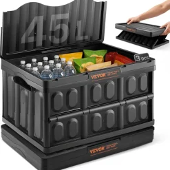 VEVOR Collapsible Storage Bins with Lids, 45L 3 Packs, Folding Plastic Stackable Utility Crates with Handles, Large Heavy Duty Containers for Clothes, Toys, Books, Snack, Shoes, and Grocery Organizing
