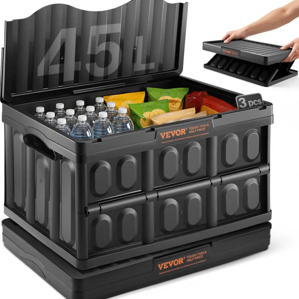 VEVOR Collapsible Storage Bins with Lids, 45L 3 Packs, Folding Plastic Stackable Utility Crates with Handles, Large Heavy Duty Containers for Clothes, Toys, Books, Snack, Shoes, and Grocery Organizing