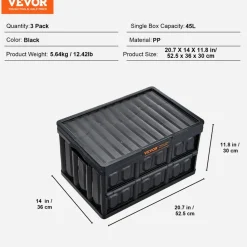 VEVOR Collapsible Storage Bins with Lids, 45L 3 Packs, Folding Plastic Stackable Utility Crates with Handles, Large Heavy Duty Containers for Clothes, Toys, Books, Snack, Shoes, and Grocery Organizing